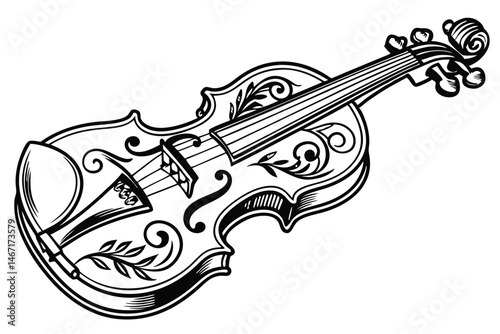 131 Violin illustration, black and white, detailed engraving style, ornate scroll work, musical instrument, classical music, elegant design, high contrast, side view, decorative flourishes, string ins