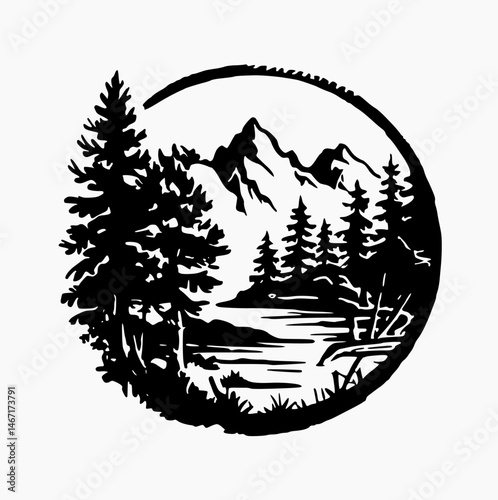 Black and white vector logo of adventure, bushcraft, hiking, wilderness