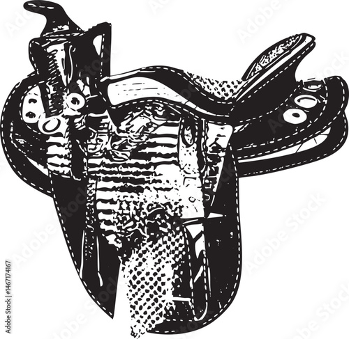 A detailed black and white of a cowboy saddle.