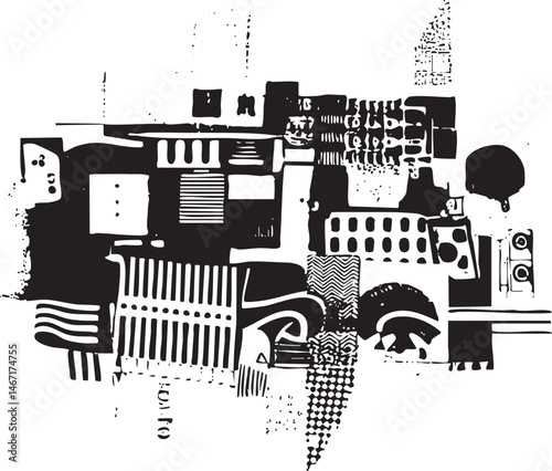 A black and white abstract composition of geometric shapes and forms.