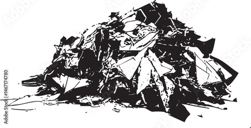 A large pile of shattered glass fragments rests on a white surface.