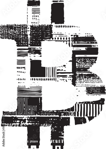 A fragmented textured cityscape rendered in stark black and white.
