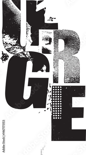 Large fragmented letters form a vertical composition against a textured background.