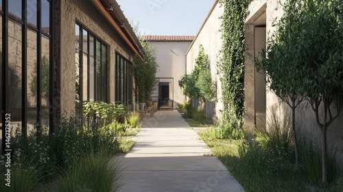 Courtyard Pathway, Sunny Day, Tranquil Space, Ideal for Relaxation,  Stock Photo