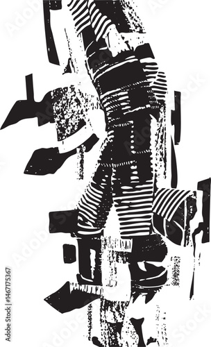 A solitary figure stands amidst fragmented geometric shapes.