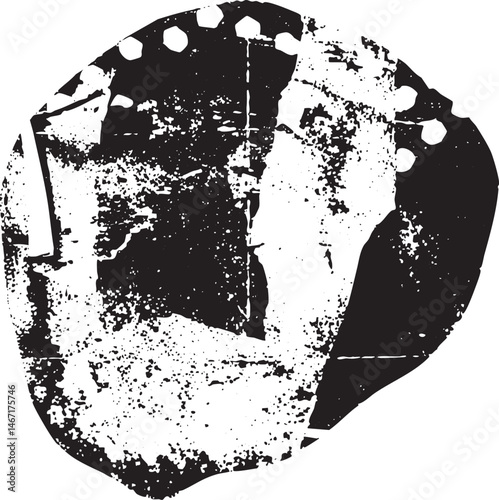 A distressed circular shape with scattered white and black markings.