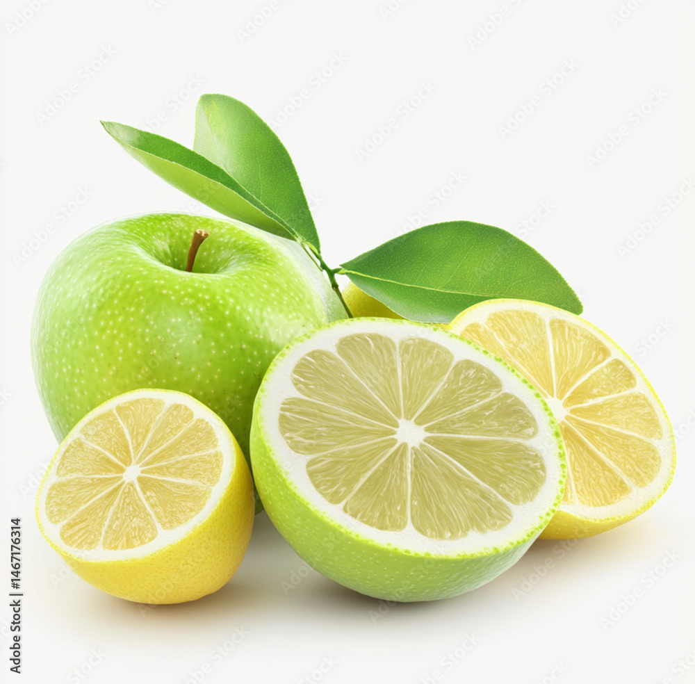 green apple slices and lemon slices with a juice splash, white background