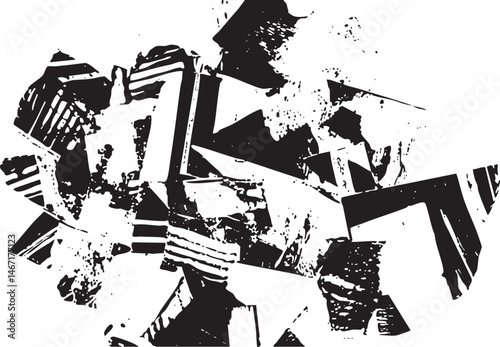 A fragmented abstract figure emerges from a textured white background.