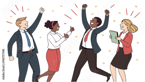 Business team of winners. Vector cartoon illustration in a flat style of a group of happy middle-aged people in business clothes in full length. Isolated on white
