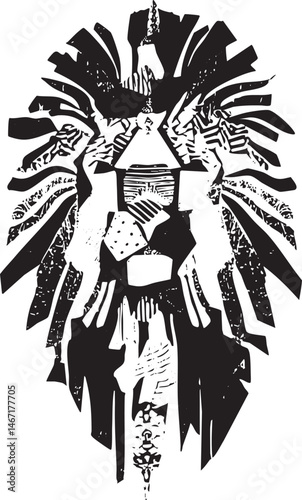 A stylized black and white depiction of a majestic animal head with intricate feather details.