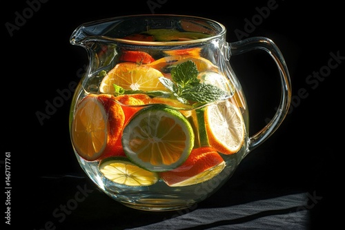 Citrus Slices in Glass Pitcher with Fresh Mint Leaves and Light