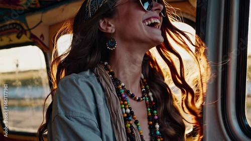 Joyful road trip adventure with smiling young woman in hippie van at sunset