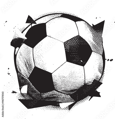 A black and white soccer ball bursts outward from a swirling vortex.