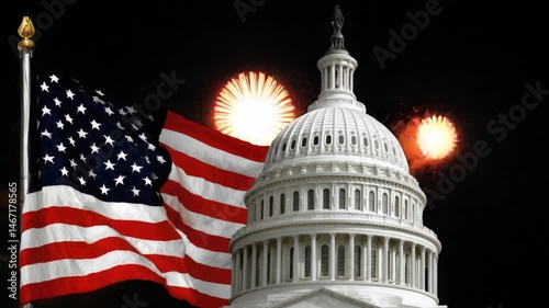 Wallpaper Mural American Flag and United States Capitol Building with Vibrant Fireworks Display in Night Sky Torontodigital.ca