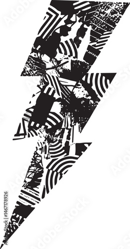 A dynamic abstract lightning bolt composed of geometric shapes.