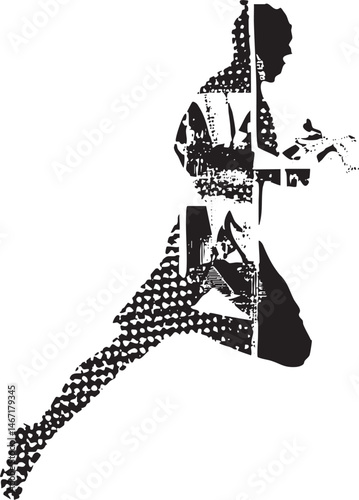 A silhouetted figure dynamically leaps forward amidst architectural fragments.
