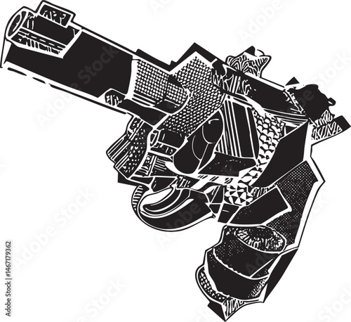 A detailed black and white depicts a firearm held in a clenched hand.