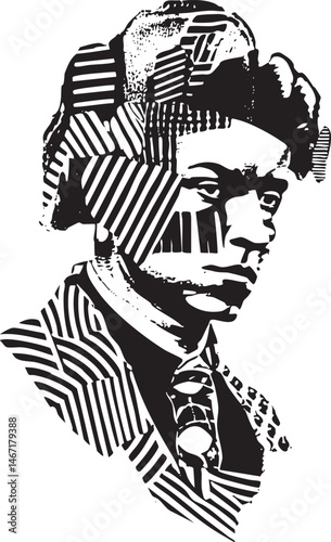 A black and white portrait of a man in a suit depicted with intricate linear .