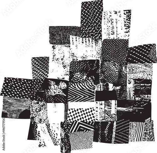 A collection of irregularly shaped black and white geometric blocks overlaps each other.