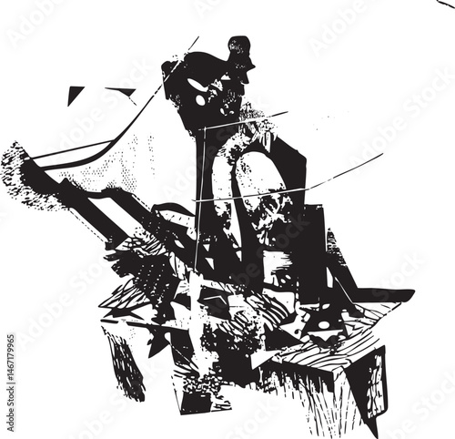 A silhouetted figure operates a large wooden against a textured background.