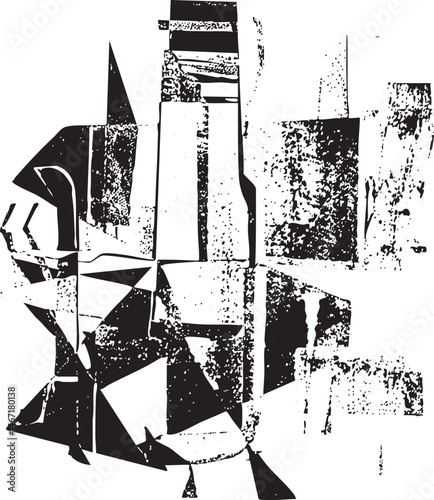 Geometric shapes overlap and intersect in a textured black and white composition.