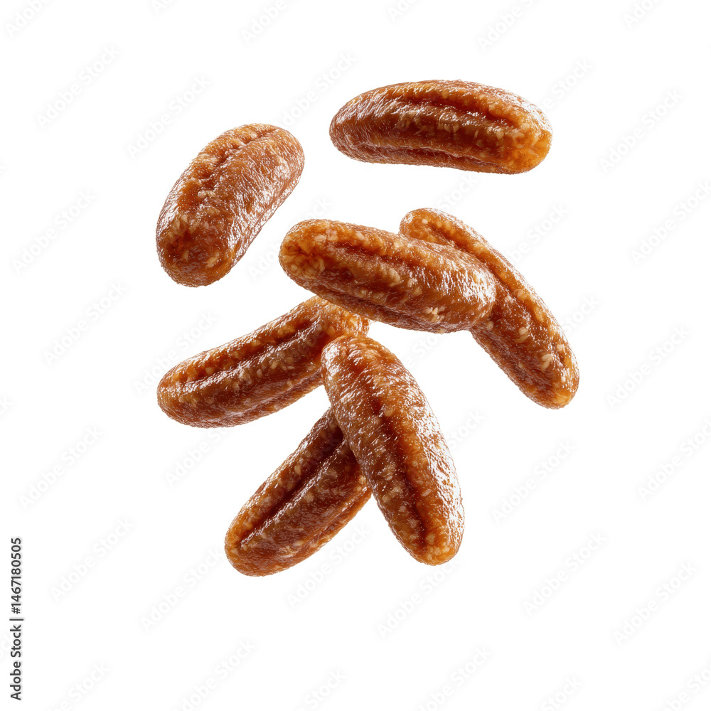 Five Candied Pecans Falling Against a Green Background Five Candied Pecans Falling Against a Green Background