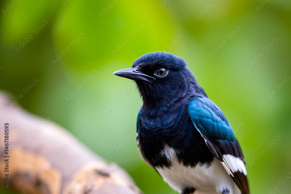 Obraz premium Stunning Black-Throated Magpie Jay Perched on a Tree Branch, Showcasing Its Elegant Plumage and Long Tail in a Serene Natural Setting, Vibrant Wallpaper