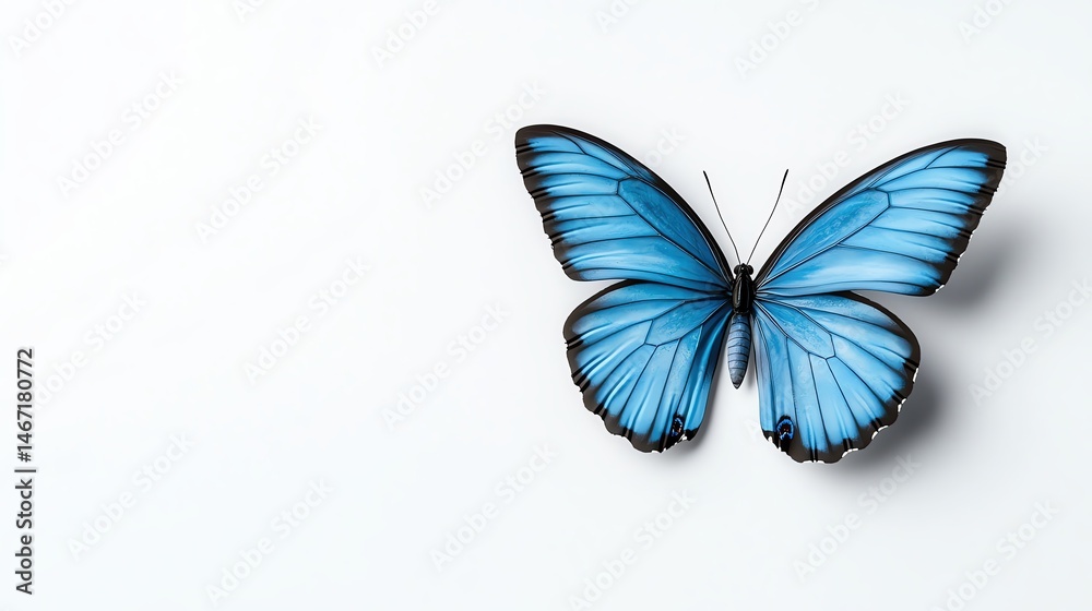 Fototapeta premium Isolated on white blue morpho butterfly in flight shadow cast hyper realistic studio lighting