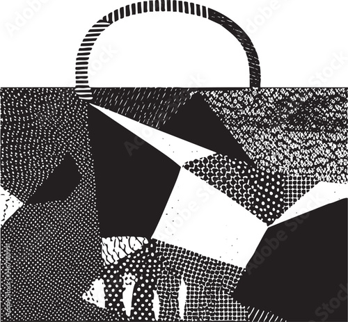 A black and white geometric composition features a curved archway intersecting with angular shapes.