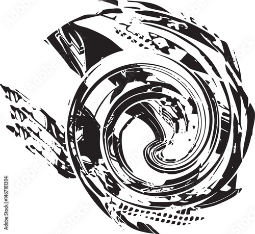 A swirling abstract circular in stark black and white.