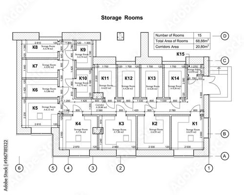 Vector architectural project of a building floor plan layout of storage rooms