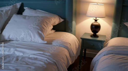 Cozy bed with decorative pillows transitioning from messy to neat under soft lamp glow