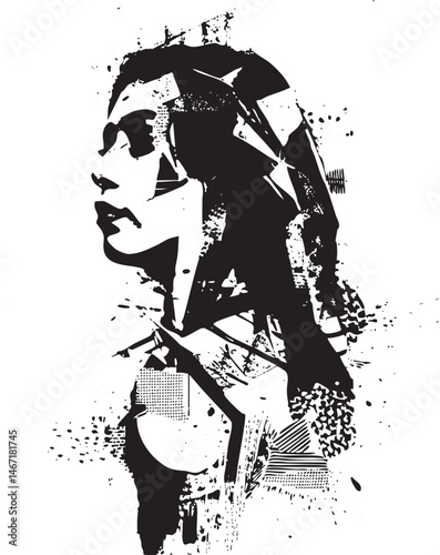 A woman’s profile is depicted in a fragmented abstract style.