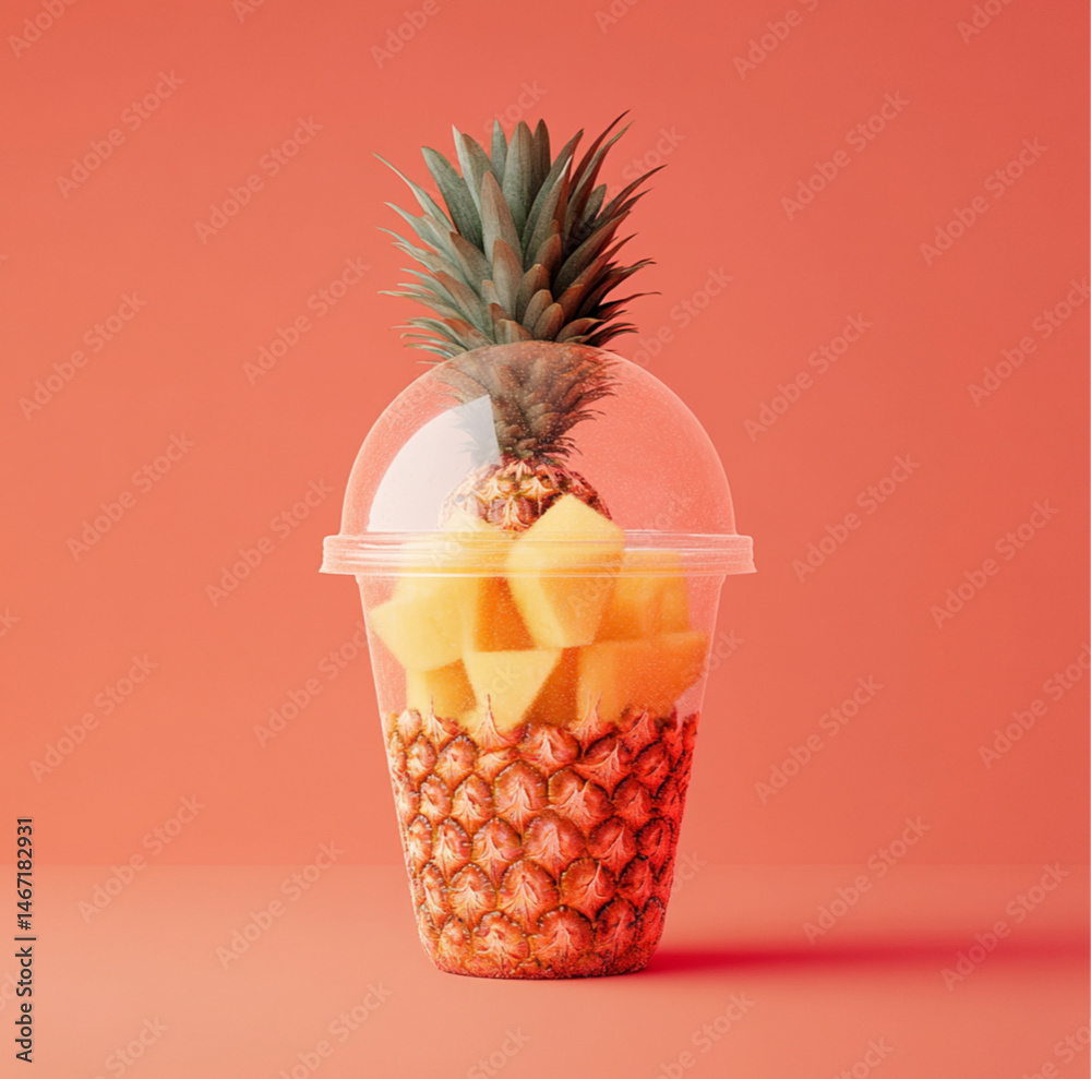 a clear dome plastic cup with shopped up pineapple with sprinkled on it on a coral color background