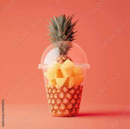 a clear dome plastic cup with shopped up pineapple with sprinkled on it on a coral color background