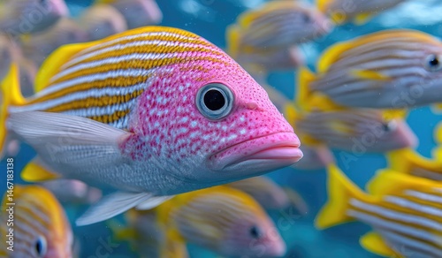A school of yellow and black striped fish with one pink-colored sweetlips fish swimming in the same direction