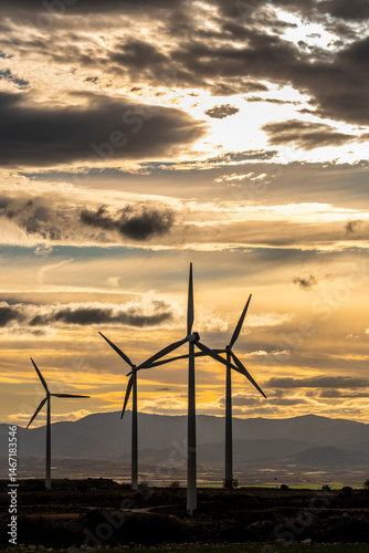 Evening sky with wind turbines outlined in warm light, expressing themes of renewable energy, ecological transition and future-oriented infrastructure.