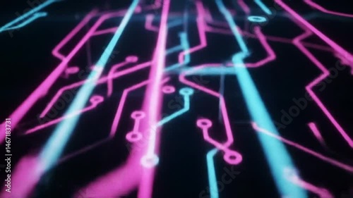 Digital Network Symphony: Intricate lines of light weave across a dark canvas, representing a digital network in a high-tech, futuristic setting.