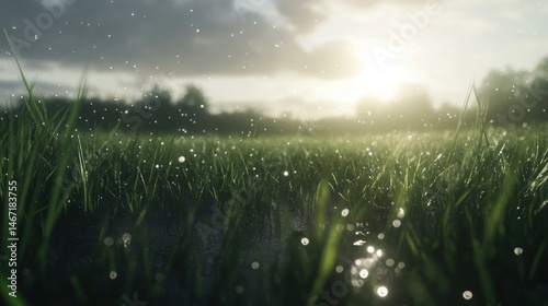 Dewy grass field sunset, tranquil scene, nature