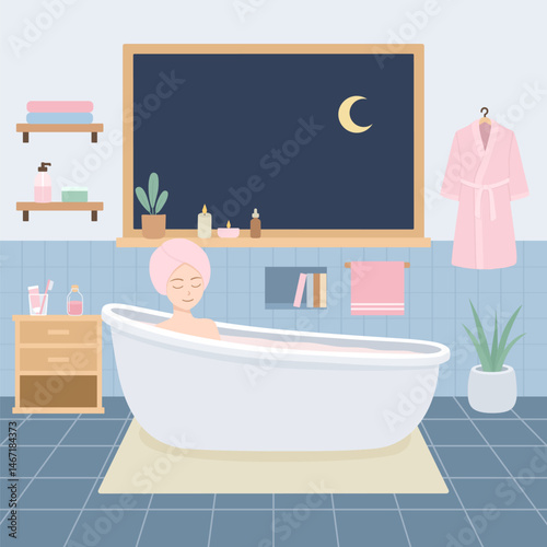 Woman Relaxing in Bathtub.Nighttime Self Care flat vector Illustration