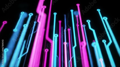 Digital Network Visualization: Dynamic lines of luminous light intertwine, forming a vibrant illustration of a technological network, symbolizing connectivity, communication.