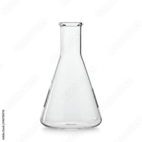 Empty glass conical flask isolated on white for scientific laboratory research, chemistry education, and pharmaceutical biotech branding mockup