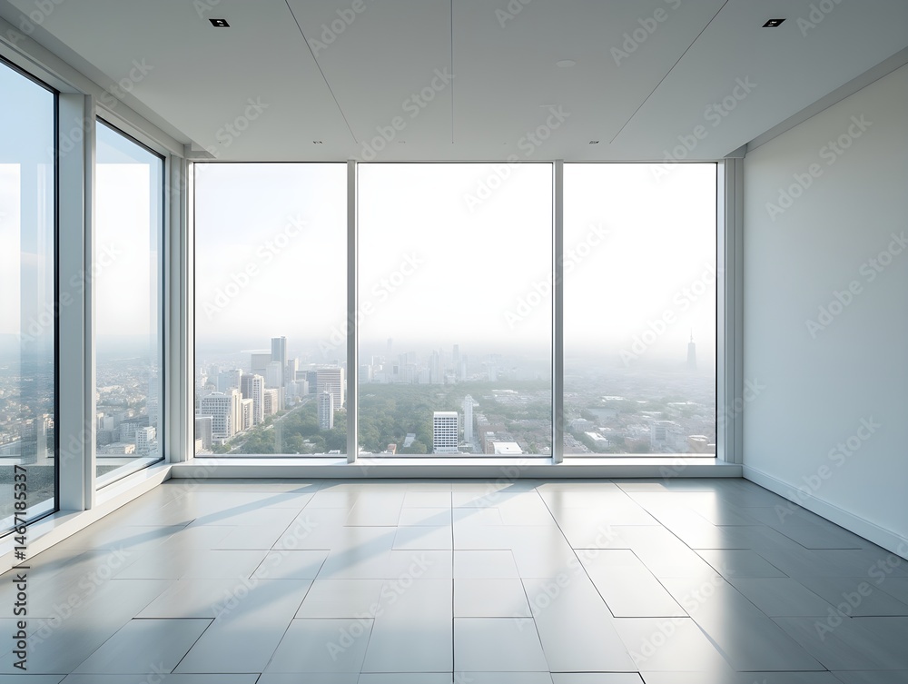 Fototapeta premium A large, empty room with a view of the city. Real estate concept