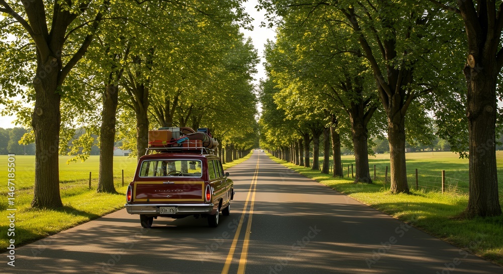 Obraz premium Vintage car driving down tree lined road