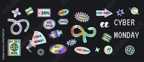 Cyber monday sale stickers and labels for discount promotions and marketing design.