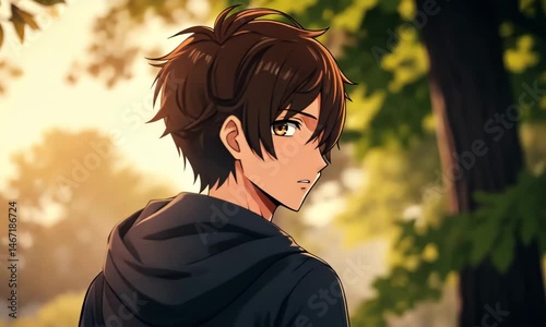 Anime boy in hoodie looking at the sunrise scenery with trees and foliage in the background view scene