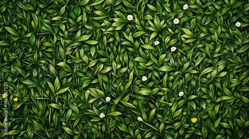 Abstract patterned green leaves and small white flowers