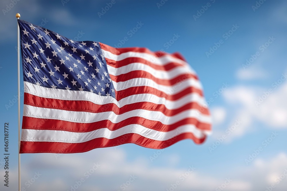 A vibrant American flag waving peacefully against a clear blue sky.