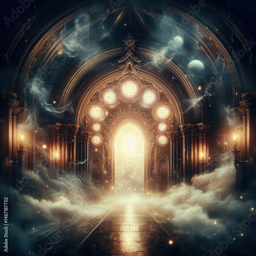 Mysterious portal illuminated by ethereal light within an ornate archway in a fantasy realm