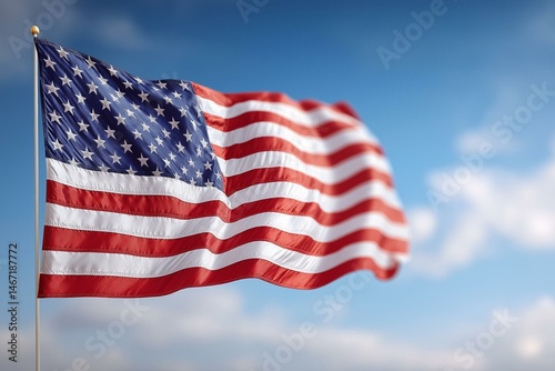 Obraz na płótnie A vibrant American flag waving peacefully against a clear blue sky. w salonie